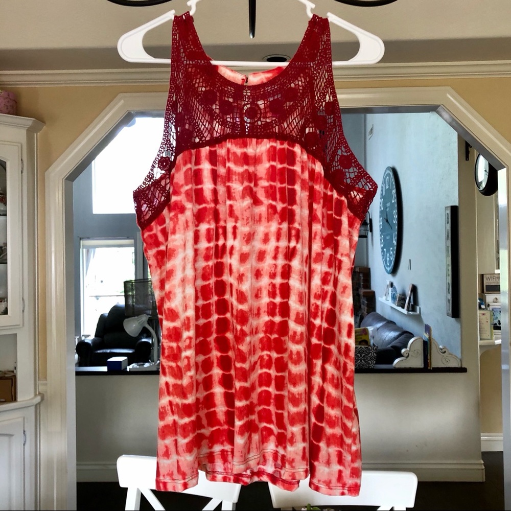 Red tie dye tunic with lace neck